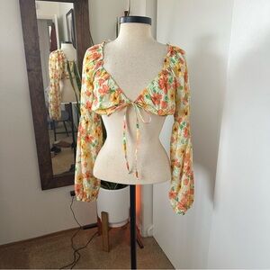 NWT Wild Fable Orange Yellow Tie-Front Crop Blouse 70s